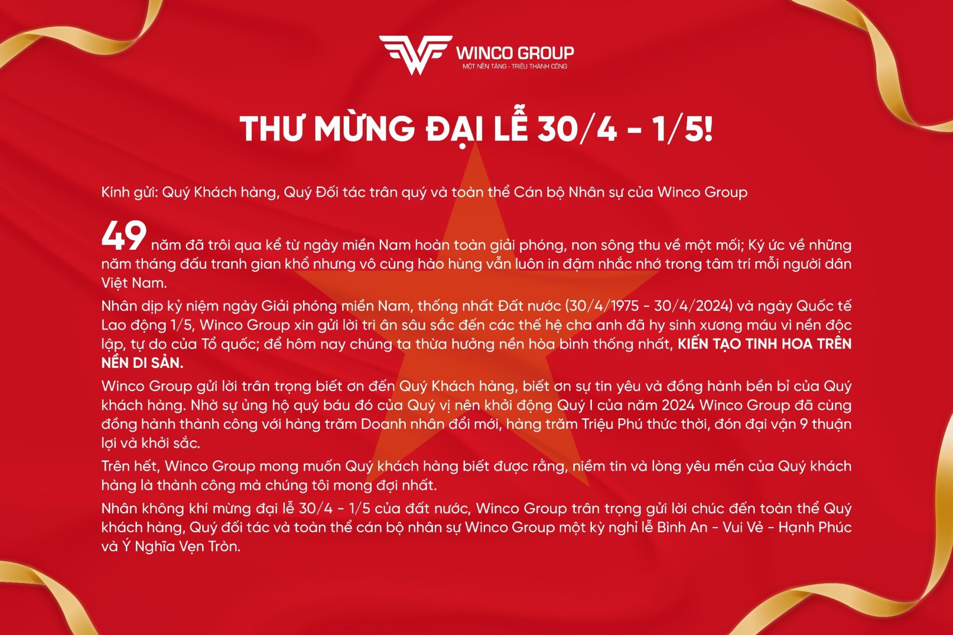 THƯ MỪNG ĐẠI LỄ 30/4 - 1/5